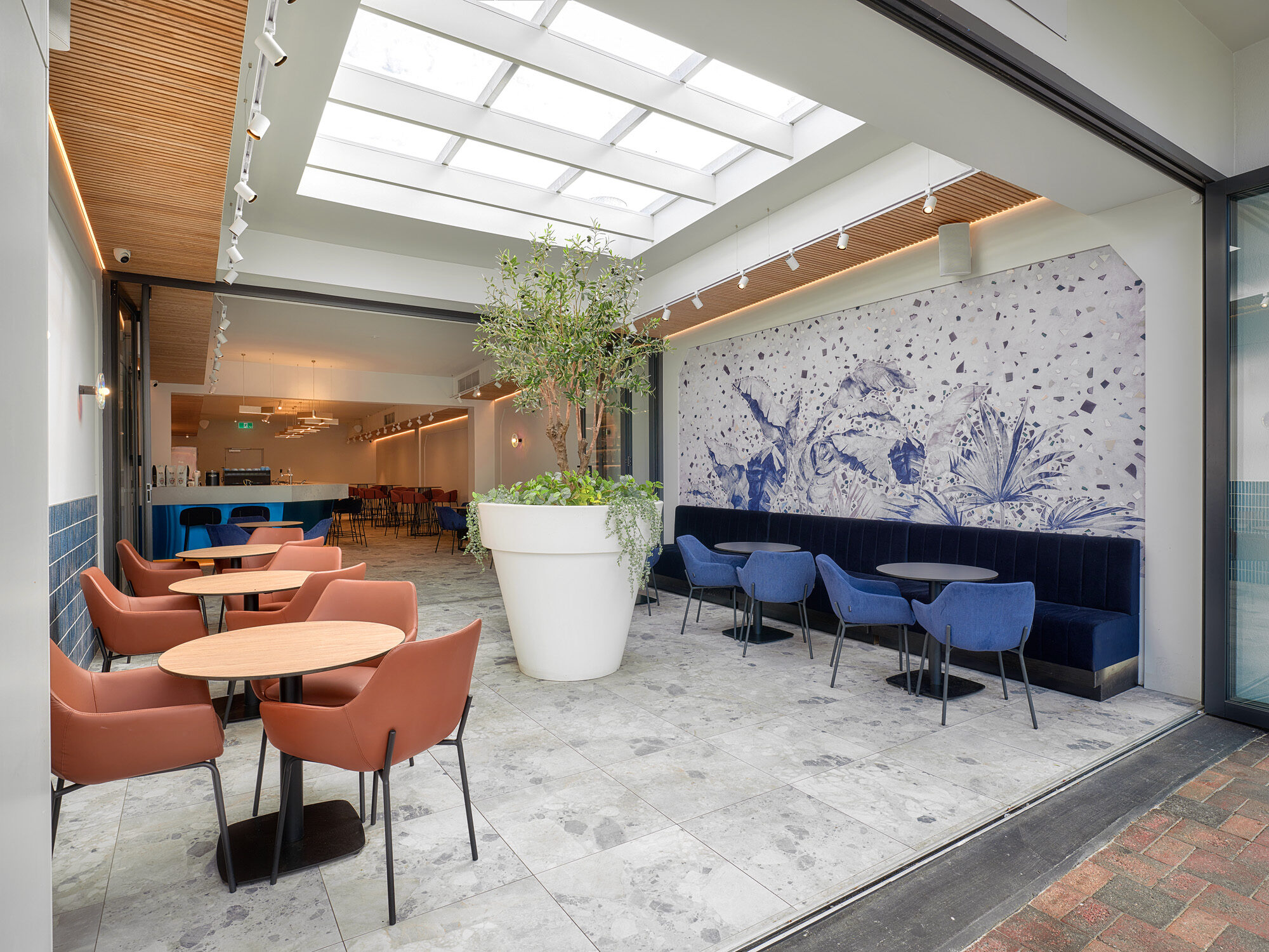 Sapphirus Cafe and Bar interior with midnight-blue walls and a sculptural stone counter