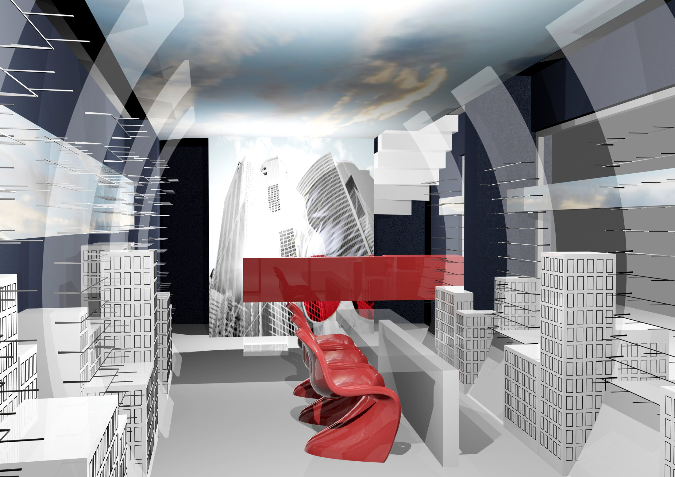 Kapolis Optic store with a dramatic printed sky ceiling
