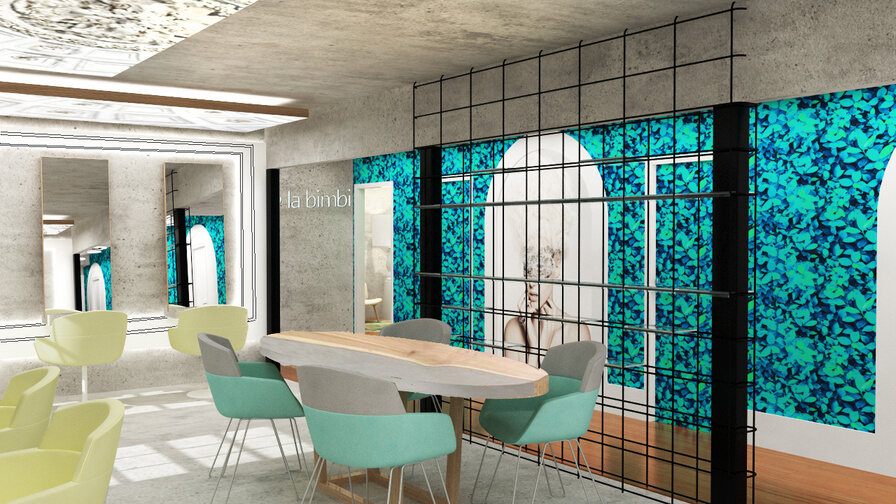 La Bimbi salon concept with illuminated Italian ceiling imagery
